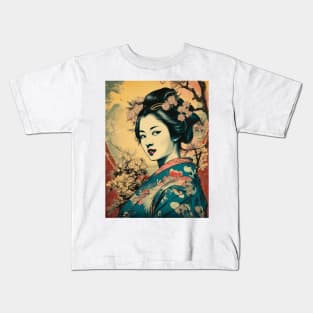 Vintage Rose Blossoms Japanese Woodblock Maple Streetwear Hipster Asian Inspired Retro Manga Samurai Alyssum Kids T-Shirt